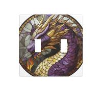 Stained Glass Purple Gold Dragon Double Gang Toggle Light Cover Wall Plate Switch Decor Standard Size - 11.4x11.4cm