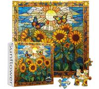 Stained Glass Puzzles for Adults 1000 Pieces and up, PICKFORU Sunflowers Puzzle as Home Decor, Butterfly Flower Puzzles as Home Decor