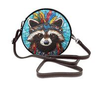 Stained Glass Raccoon Feather Headdresses Women Round Crossbody Bags Leather Sling Bag Purse