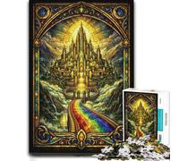 Stained Glass Rainbow Bridge to Golden Castle Jigsaw Puzzle, 1000 Piece | Adult puzzle challenge around the table for screen-free time.