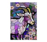 Stained Glass Ram with Flowers Artistic Jigsaw Puzzle for Adults, 300 PCS