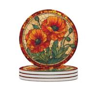 Stained Glass Red And Orange Poppies Coasters Set of 4 Absorbent Coasters
