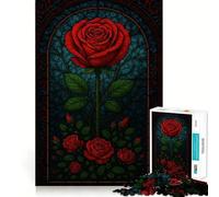 Stained Glass Red Rose Illustration Jigsaw Puzzles 1000 Pieces for Teenagers Thought Toy Shared Fun Precise Edge Santa Wish Item 38x26cm