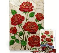 Stained Glass Red Roses Jigsaw Puzzle for Adults 1000 Pieces Smart Reason Toy Group Joy Smooth Edge Fine Art Piece 50x75cm