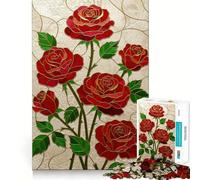 Stained Glass Red Roses Jigsaw Puzzle for Adults 1000 Pieces Smart Reason Toy Group Joy Smooth Edge Fine Art Piece 50x75cm