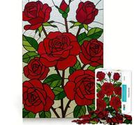 Stained Glass Red Roses Jigsaw Puzzles 1000 Pieces for Adults Boost Recall Relax Mind Accurate Edge Santa Wish List 38x52cm