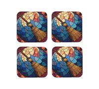 Stained Glass Retro Wizard'S Broom Drinks Coasters Set of 4 Leather for Tabletop Protection Heat Resistant Bar Cup Mat Pad