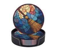 Stained Glass Retro Wizard'S Broom Premium Leather Coasters, Set of 6 with Holder, Stylish Beverage Coasters for Kitchen Coffee Bar