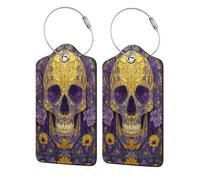 Stained Glass Retro Yellow Purple Skull Luggage Tag for Suitcase 2 Pack Leather Luggage Tag with Privacy Flap Name Id Label and Metal Loop for Women Men Travel
