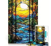 Stained Glass River Sunset Hard Jigsaw Puzzle for Adults 1000 Pieces Recall Upgrade Gentle Relax Clear Cut Unique Gift 50x75cm