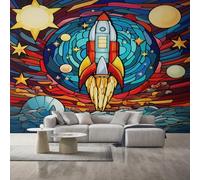 Stained Glass Rocket Wallpaper, Space Colorful Art Wall Mural, Wallpaper for Bedroom Living Room, Home Decor, Photo Wall Paper, 366 x 254 cm &SO88