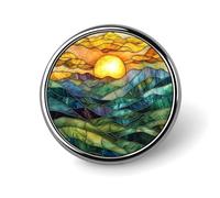 Stained Glass Rolling Mountains And Sunrise Round Brooch for Men Women Fashion Badge Collar Pin Dress Jacket Backpack Accessories
