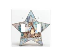 Stained Glass Romantic Snowy Village Church Double Gang Toggle Light Cover Wall Plate Switch Decor Standard Size - 11.4x11.4cm