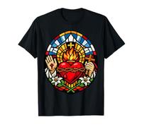 Stained Glass Sacred Jesus Heart and Flames Devotion Art T-Shirt