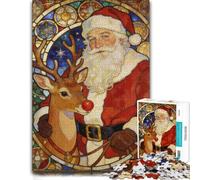 Stained Glass Santa and Rudolph Christmas Art Jigsaw Puzzle, 1000 Pieces | Puzzle activity for family time with screen-free home activity during indoor leisure.