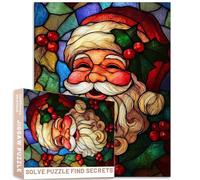 Stained Glass Santa Claus Holly Berries 1000 Pc Adult Puzzle 27x20 Inch Colorful Panels, Holiday Ornament Challenging Family Game Home Decor Gift