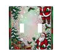Stained Glass Santa Holiday Quote Claus Double Light Switch Cover Plate | Stained Glass Art Style, Winter Evergreen Trees, Holly Berries, Holiday Gift Sleigh, Traditional Winter Home Decor