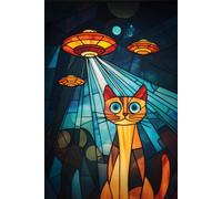 Stained Glass Scared Cat and UFOs Notebook: Shocked & Surprised Sci-fi Funny Cat Selfie UFO Gift Notepad Journal with Scifi Flying Saucer Alien ... on Earth - 6x9" 120 College Ruled Pages