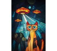 Stained Glass Scared Cat and UFOs Notebook: Shocked & Surprised Sci-fi Funny Cat Selfie UFO Gift Notepad Journal with Scifi Flying Saucer Alien ... on Earth - 6x9" 120 College Ruled Pages