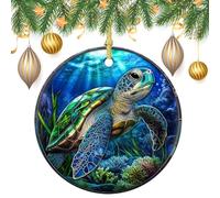 Stained Glass Sea Turtle on The Sea Bottom Christmas Tree Hanging Ornaments,2 Pieces, 7.2CM Round Double-Sided