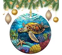Stained Glass Sea Turtle Swimming in The Ocean Christmas Tree Hanging Ornaments,2 Pieces, 7.2CM Round Double-Sided