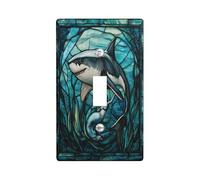 Stained Glass Shark Mermaid Decorative Light Switch Cover Wall Plate 1 Gang Single Toggle, Ocean Sealifes Electrical Faceplate for Kitchen Bathroom, Underwater Switchcover Decor