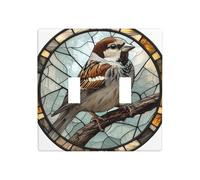 Stained Glass Sparrow Perched On Branch Double Gang Toggle Light Cover Wall Plate Switch Decor Standard Size - 11.4x11.4cm