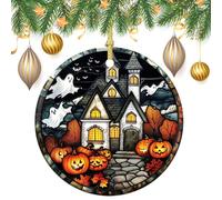 Stained Glass Spooky Haunted House Pumpkins Ghost Christmas Tree Hanging Ornaments,2 Pieces, 7.2CM Round Double-Sided