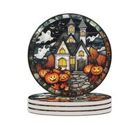 Stained Glass Spooky Haunted House Pumpkins Ghost Coasters Set of 4 Absorbent Coasters