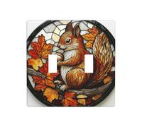 Stained Glass Squirrel Hoarding Food Double Gang Toggle Light Cover Wall Plate Switch Decor Standard Size - 11.4x11.4cm