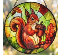 Stained Glass Squirrel Suncatcher, Woodland Animal Window Hanging, Autumn Acorn Squirrel Decor for Garden, Sunroom, Oak Leaf Acorn Wildlife Art for Conservatory Lounge,Nature Lover Gift