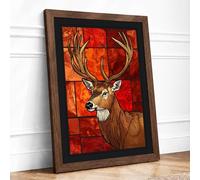 Stained Glass Stag Vintage Framed Wall Art Print A3 Walnut | Ready to Hang, Premium Gi Paper, Fade-Resistant Inks, Securely Packaged, UK Made