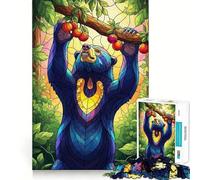 Stained Glass Style Bear Reaching Fruit Jigsaw Puzzles 1000 Pieces for Teenagers Mental Toy Anxiety Relief Premium Cut Elegant Gift 50x75cm