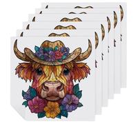 Stained Glass Style Cute Highland Cow Cloth Napkins Set of 6, Square Premium Reusable Washable Polyester Table Linen Napkin for Dinner Party