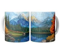 Stained Glass Style Mountain Mug - 11oz White Ceramic Coffee Cup with Scenic Nature Landscape - Colorful Alpine Forest and Lake Art Gift for Hikers, Campers, and Outdoor Lovers