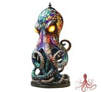 Stained Glass Style Resin Octopus Lamp with Glowing Eyes, 3D Animal Lamp, Vintage Night Light, Unique Bohemian Style Ocean Themed Decorative Table Lamps, Octopus Lamps for Home, Bedroom, Office (L)