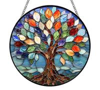 Stained Glass Sun Catcher with Tree of Life, Sun Catchers for Windows, Hand-Painted Window Hanging Ornament, Garden Ornaments for Home Window Wall Decoration