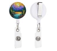 Stained Glass Sun Mountains Green Evergreen Trees Retractable Badge Holder Reel Clip ID Card Holder for Doctor Nurse Student Office Worker