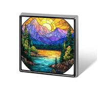 Stained Glass Sun Mountains Green Evergreen Trees Unisex Brooches & Pins Square Lightweight Lapel Badge Jewelry for Clothing Shawl Hat
