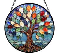 Stained Glass Suncatcher, Tree of Life Acrylic Hanging Window Ornament, 8in Garden Hanging Decor for Windows Garden Home Office