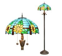 Stained Glass Sunflower Floor Lamp - 16 Inch Blue Yellow Amber Shade Standing Reading Light with Pull Chain Perfect Bedside Corner Lamp for Home Office Decor