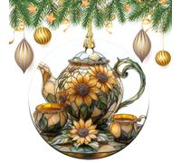 Stained Glass Sunflower Tea Set Christmas Tree Hanging Ornaments,2 Pieces, 7.2CM Round Double-Sided