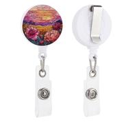 Stained Glass Sunset Horizon Flower Fields Retractable Badge Holder Reel Clip ID Card Holder for Doctor Nurse Student Office Worker