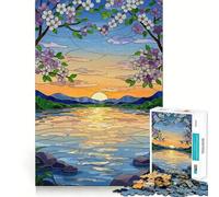Stained Glass Sunset Lake Scene 1000 Piece Jigsaw Puzzle for Adults Brain Challenge Toy Group Play Clear Cut Lovely Present 38x26cm