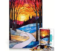 Stained Glass Sunset Landscape Hard Jigsaw Puzzle for Adults 1000 Pieces Boost Recall Calm Escape Tight Edge 50x75cm