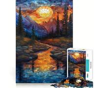Stained Glass Sunset Mountains Jigsaw Puzzles 1000 Pieces for Adults Boost Recall Relax Mind Accurate Edge Santa Wish List 38x52cm