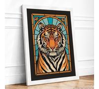 Stained Glass Tiger Art Deco Framed Wall Art Print A1 (84.1×59.4cm) White, Wall Decor for Living Room, Bedroom, Office & Home, Ready to Hang, Art Gift