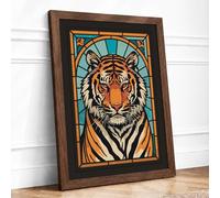 Stained Glass Tiger Art Deco Framed Wall Art Print A2 (59.4×42cm) Walnut, Wall Decor for Living Room, Bedroom, Office & Home, Ready to Hang, Art Gift