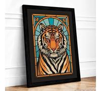 Stained Glass Tiger Art Deco Framed Wall Art Print A3 (42×29.7cm) Black, Wall Decor for Living Room, Bedroom, Office & Home, Ready to Hang, Art Gift