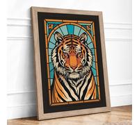 Stained Glass Tiger Art Deco Framed Wall Art Print A4 (29.7×21cm) Oak, Wall Decor for Living Room, Bedroom, Office & Home, Ready to Hang, Art Gift